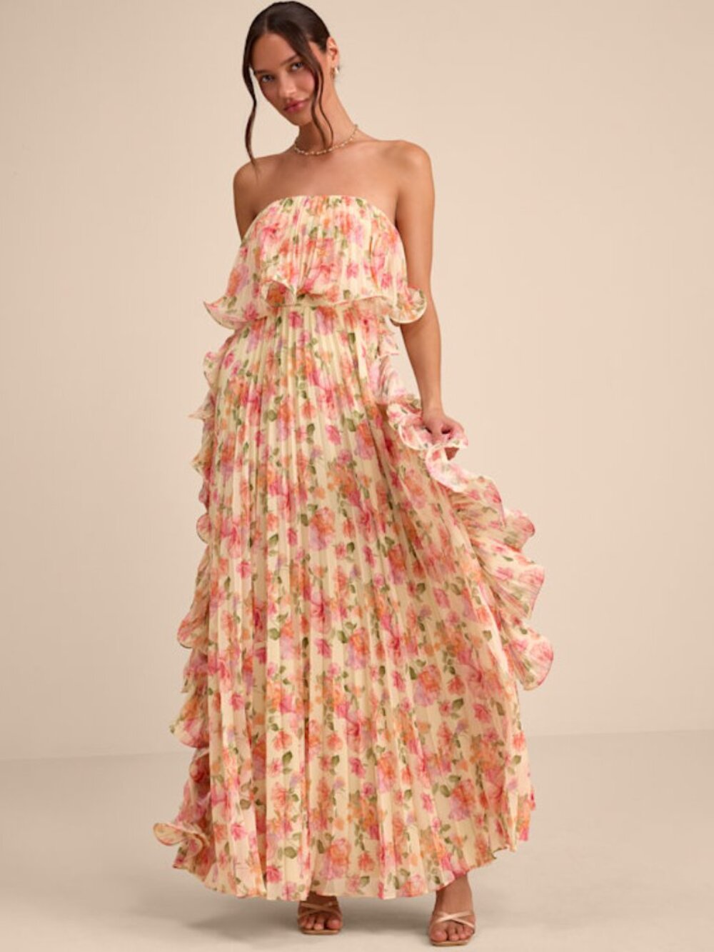 Lulus Andri Light Yellow Floral Pleated Ruffled Maxi Dress - Size M